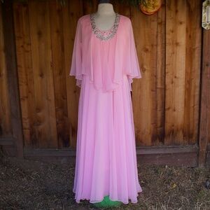 Vintage 1970's Mike Benet Formals Bubblegum Pink Chiffon Maxi Caplet Jewel Dress
